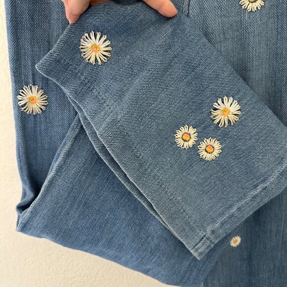 We The Free Embroidered Daisy Wide Leg High Rise Pants Cotton Flat Front Blue Sz - Picture 10 of 14